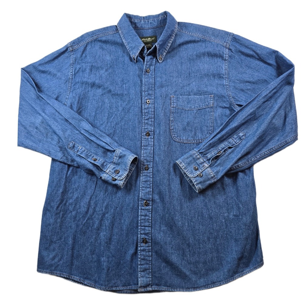 Vintage Eddie Bauer Denim Shirt Mens XL Blue Jean Cotton Relaxed Fit Button Down